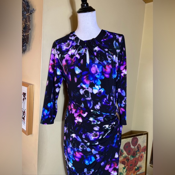 Vintage CACHE Size Large Floral Dress Keyhole Neck Gold Hardware Gathered Wrap - Picture 15 of 15